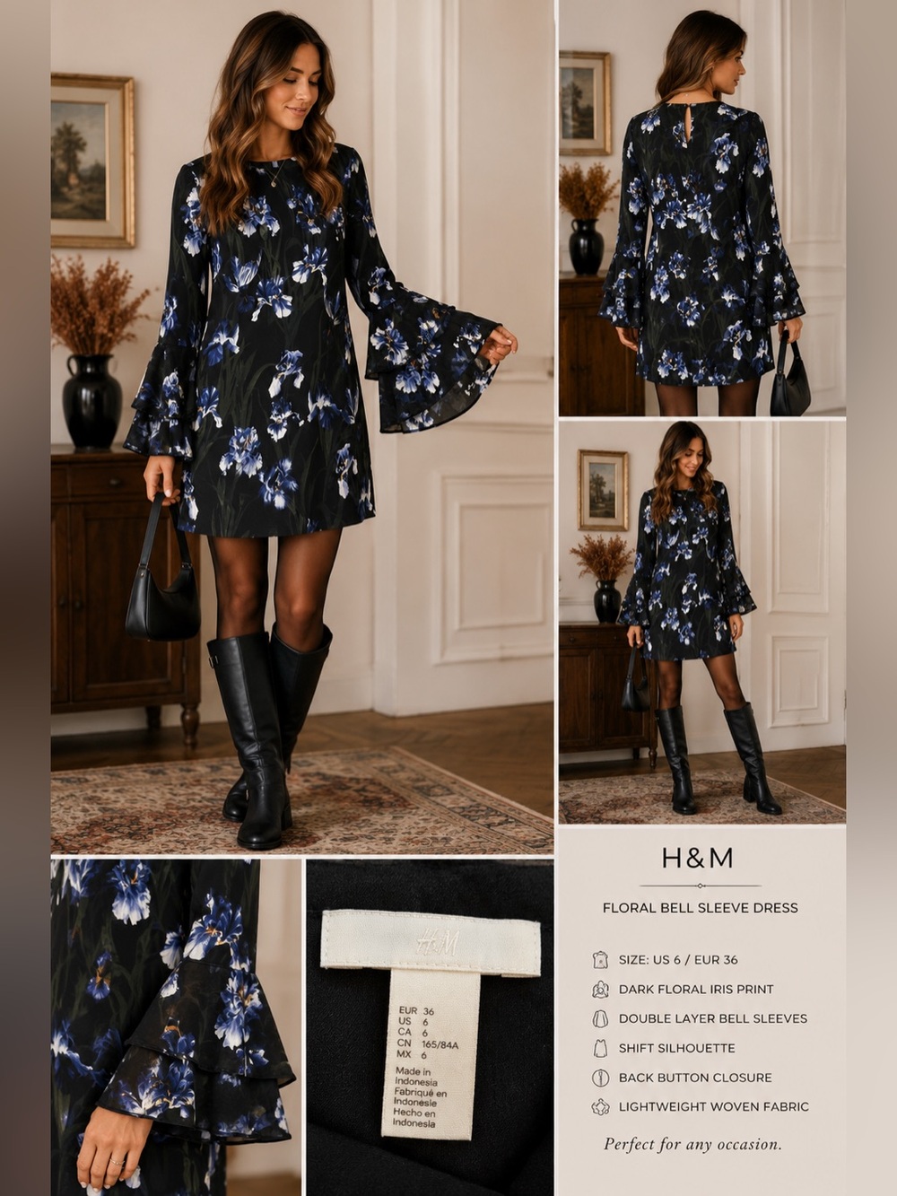 H&M Black Floral Bell-Sleeve Mini Dress with Blue & White Flowers Size 6